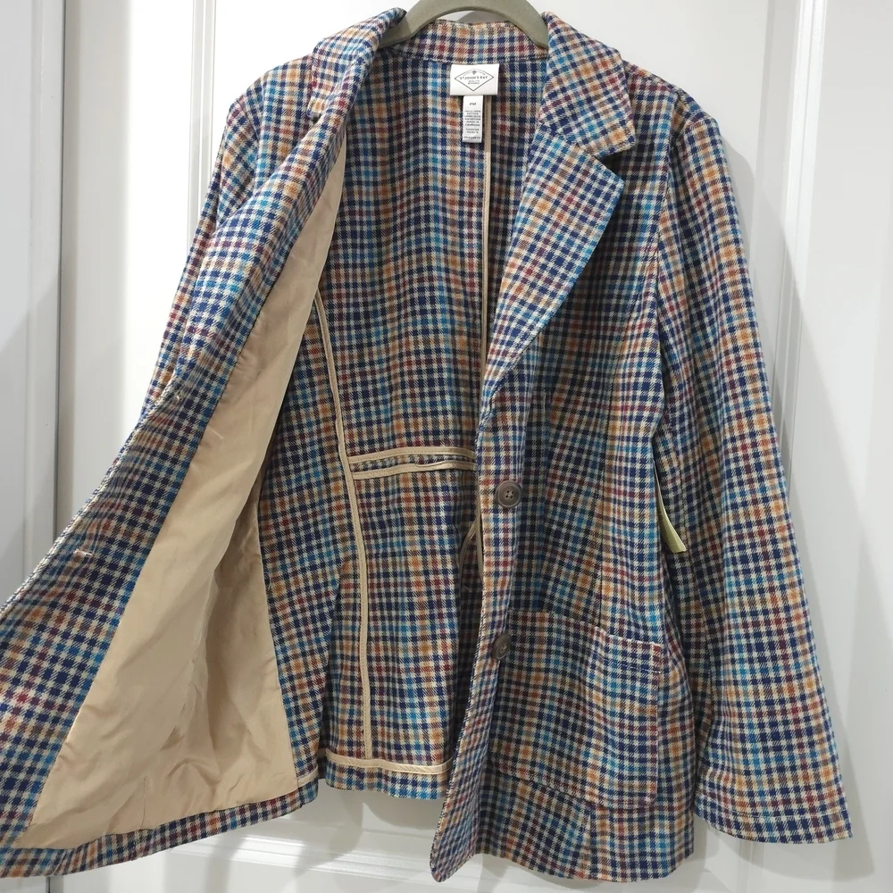 ST JOHNS BAY Women's Brown Multicolor Plaid 100% Cotton Blazer, Single Breast PM - Picture 6 of 15